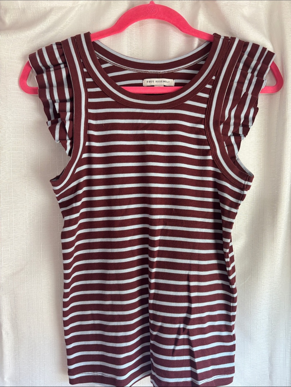 Free Assembly Burgundy and Pale Blue Striped Ruffle-Sleeve Tank